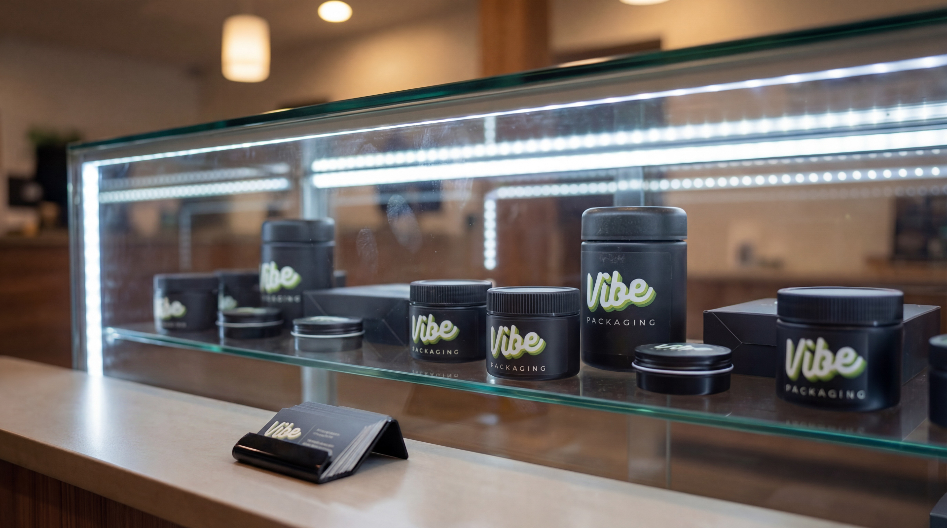 VibePKG branded jars and tins displayed in a retail case